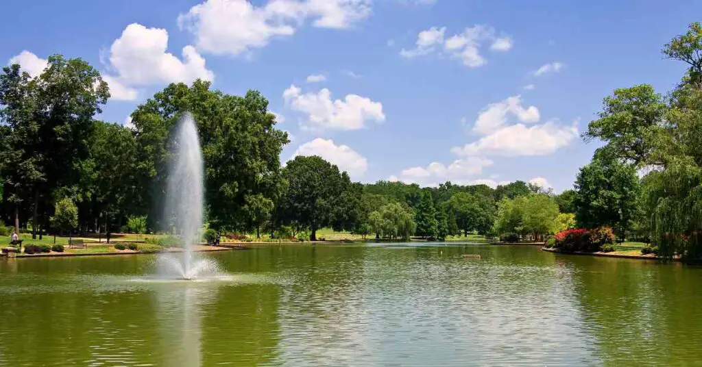 a fountain in the lake at Freedom Park in Charlotte NC