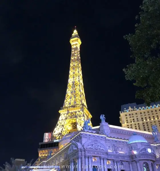 Eiffel Tower at Paris Casino lit up at night is fun for things for families to do in Las Vegas