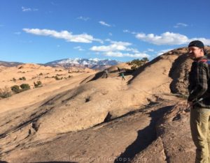 views of the la sal mountains from the slickrock trail in moab ut