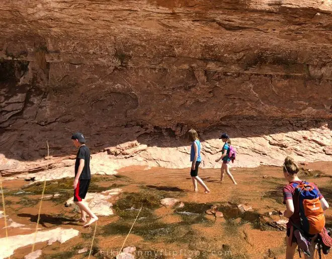 the kids walk through the stream that runs along the Grandstaff Trail in Moab UT