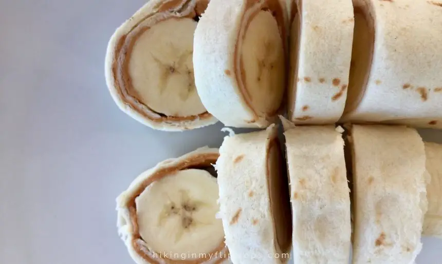 bananas wrapped in tortillas with peanut butter are a favorite no cook breakfast for camping