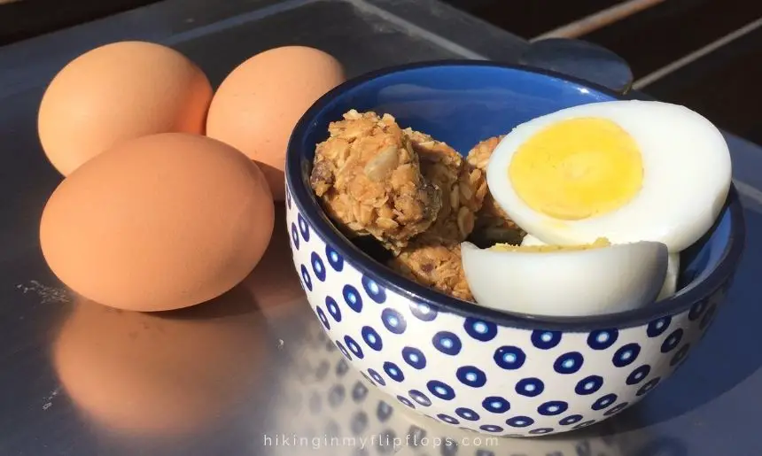 hard cooked eggs and energy bites make a delicious no cook breakfast for camping