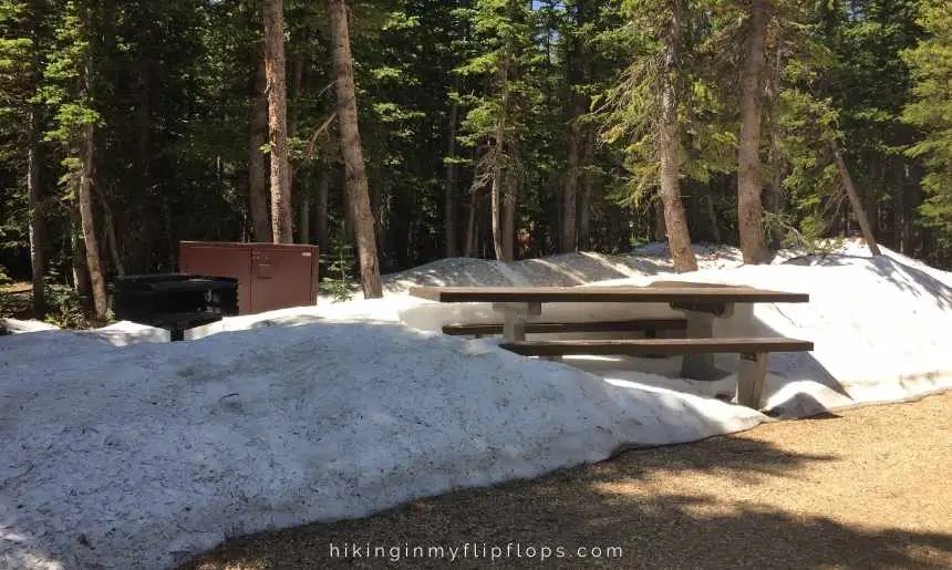 pawnee campground snow-covered picnic table