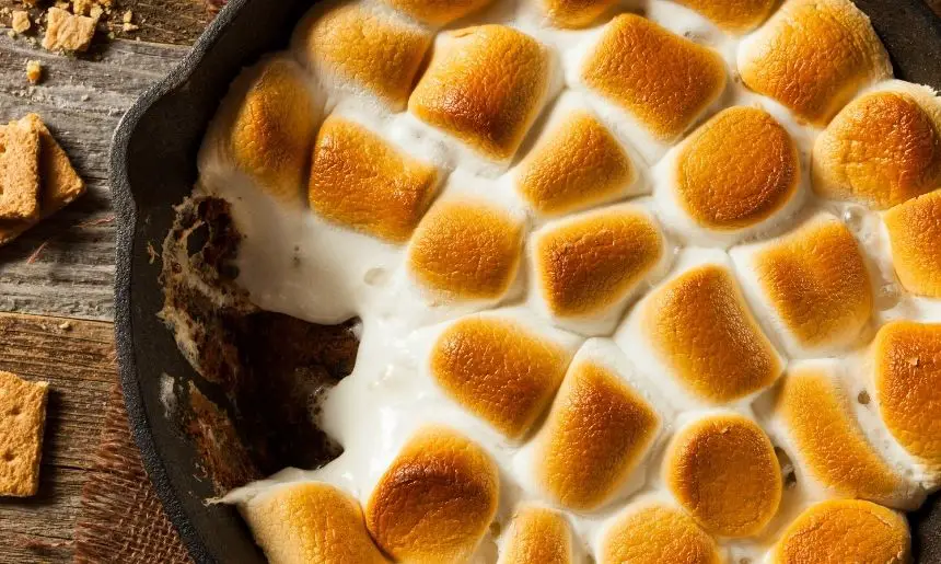 marshmallows baked into a golden brown is one of many s'mores ideas for camping 