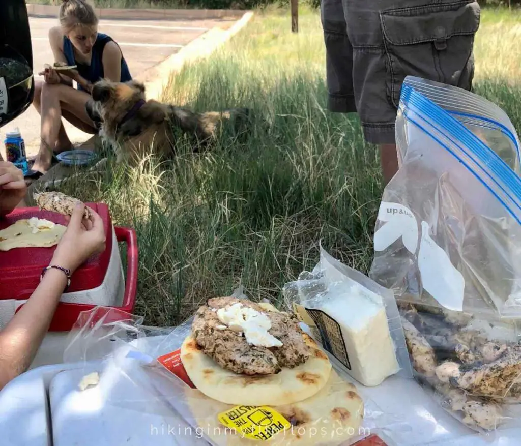 Greek chicken strips, feta, and naan is one of our go-to road trip lunch ideas