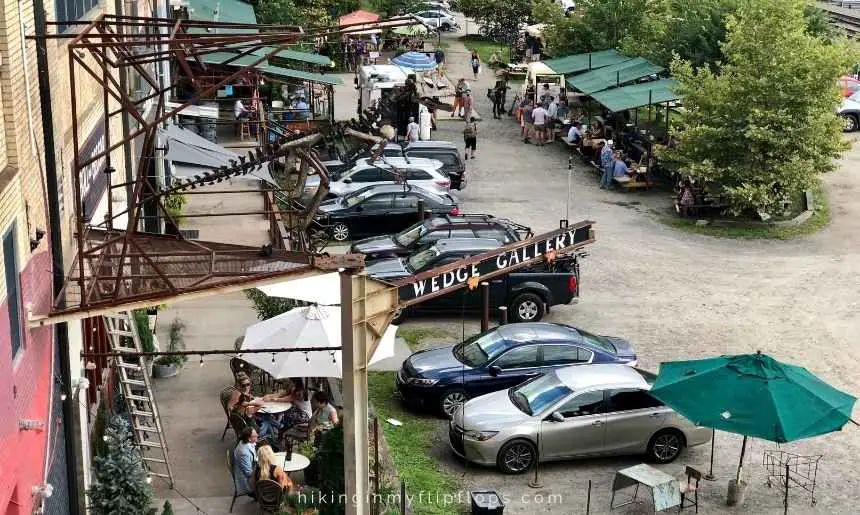 a view from above at The Wedge in Asheville, NC, where people visit for the beer and food
