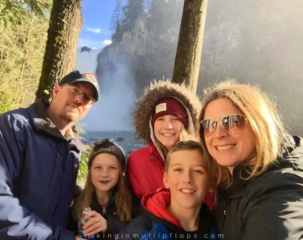 family selfie at Snoqualmie Falls near Seattle Washington
