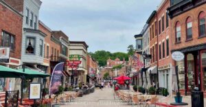 shops and restaurants line Main St showing one of the popular things to do in Galena IL
