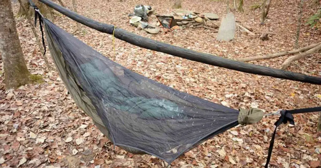 a hammock set up and covered with mosquito netting