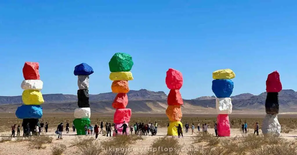 7 towers of colorful rocks at seven magic mountains in Las Vegas, NV