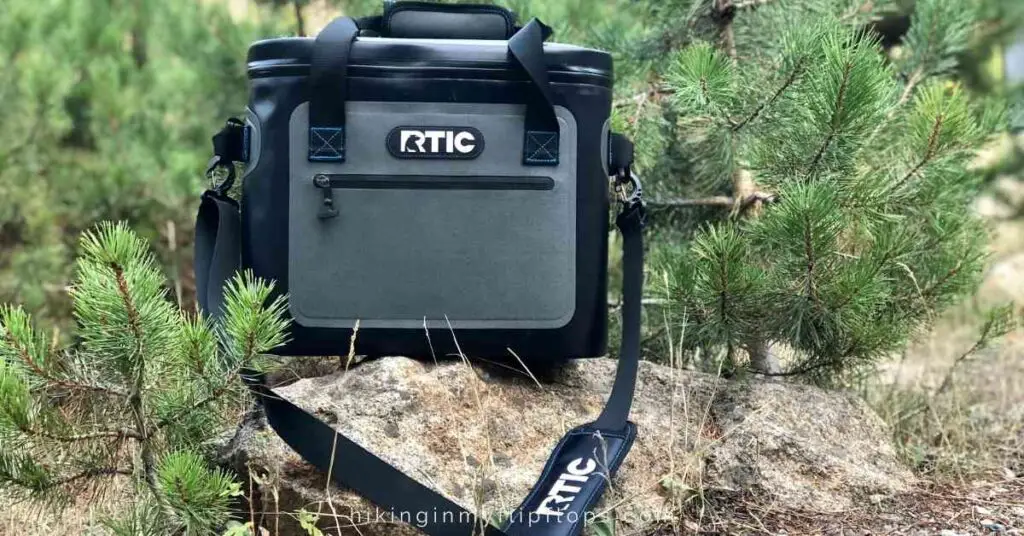 a cooler set on a rock at a campground shown for our RTIC soft pack cooler review