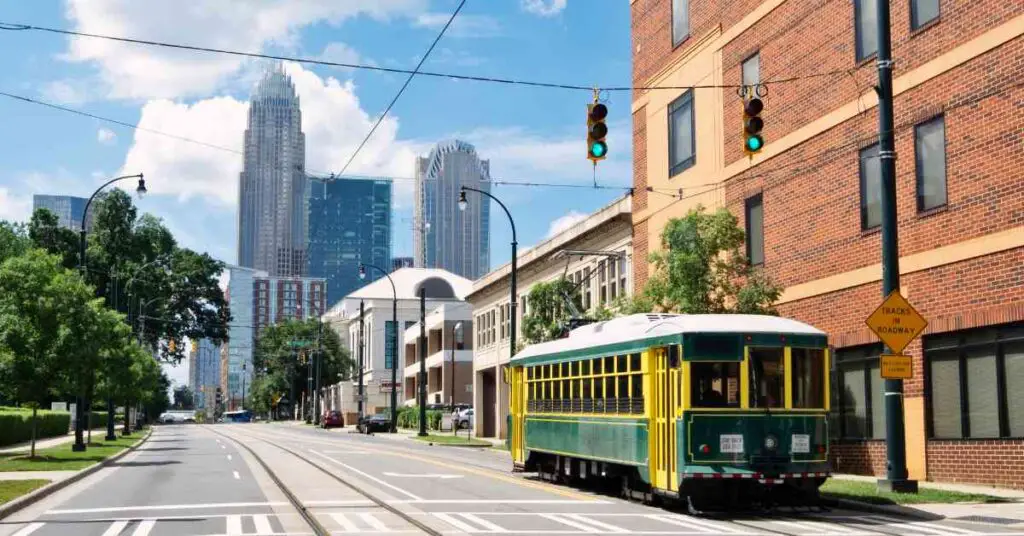 a trolley stops on a street in Charlotte NC